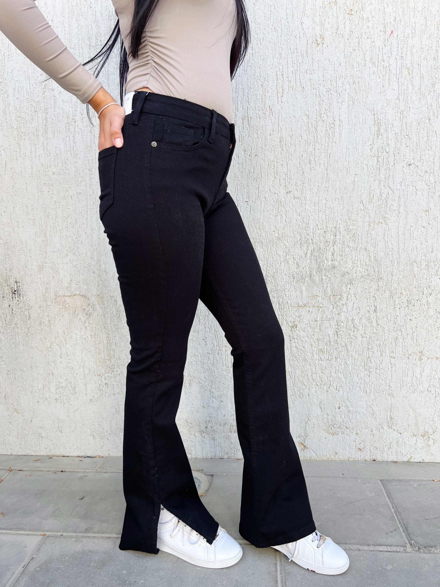 Black Split Hem Flare Jeans Flare Jeans CIZARO    - Cizaro Jeans