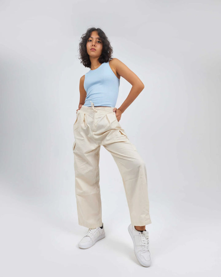 High-Waist Beige Cargo Trousers.