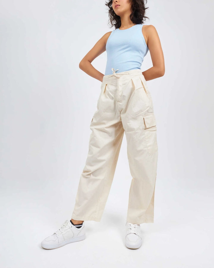 High-Waist Beige Cargo Trousers.