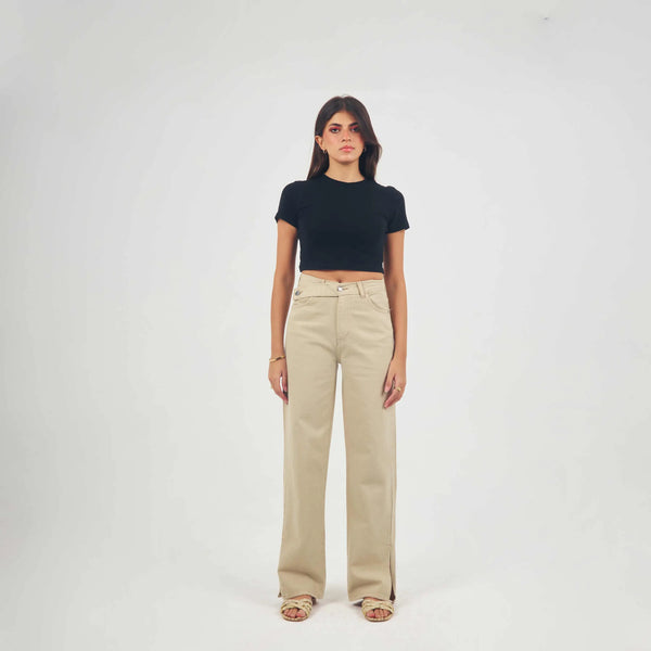 High-Waist Beige Cross-Belt Straight Leg Jeans.