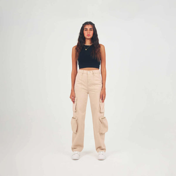 High-Waist Beige Rectangular Patch Pockets Straight Leg