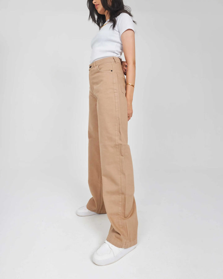 High-Waist Beige Straight Leg Jeans.