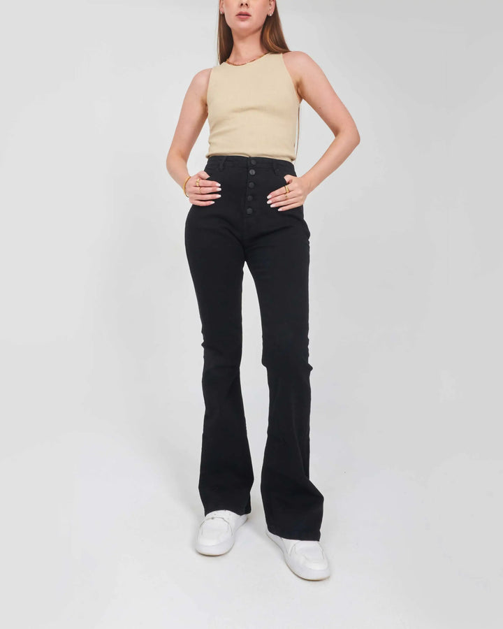 High-Waist Black Buttons Closure Boot-Cut Jeans.