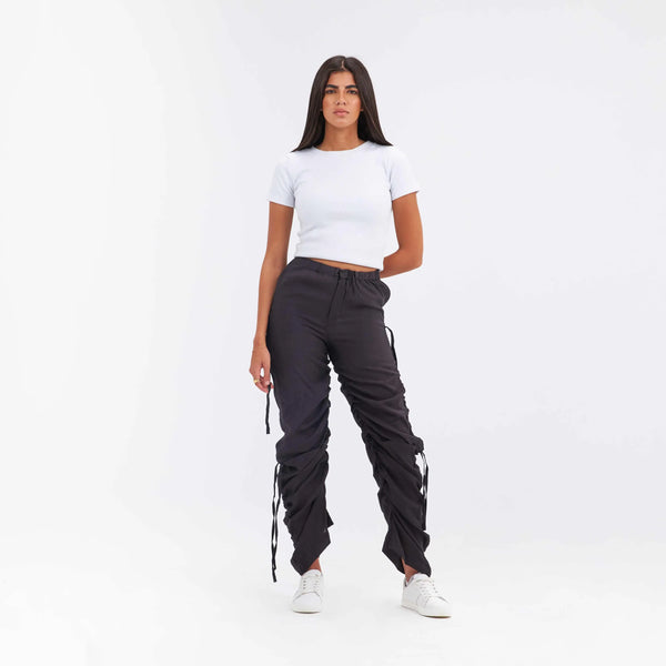 High-Waist Black Cutout Ruched Parachute Trousers.