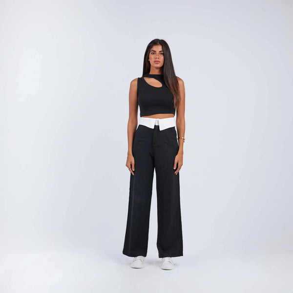 High-Waist Black Folded Waistband Wide Leg Trousers.