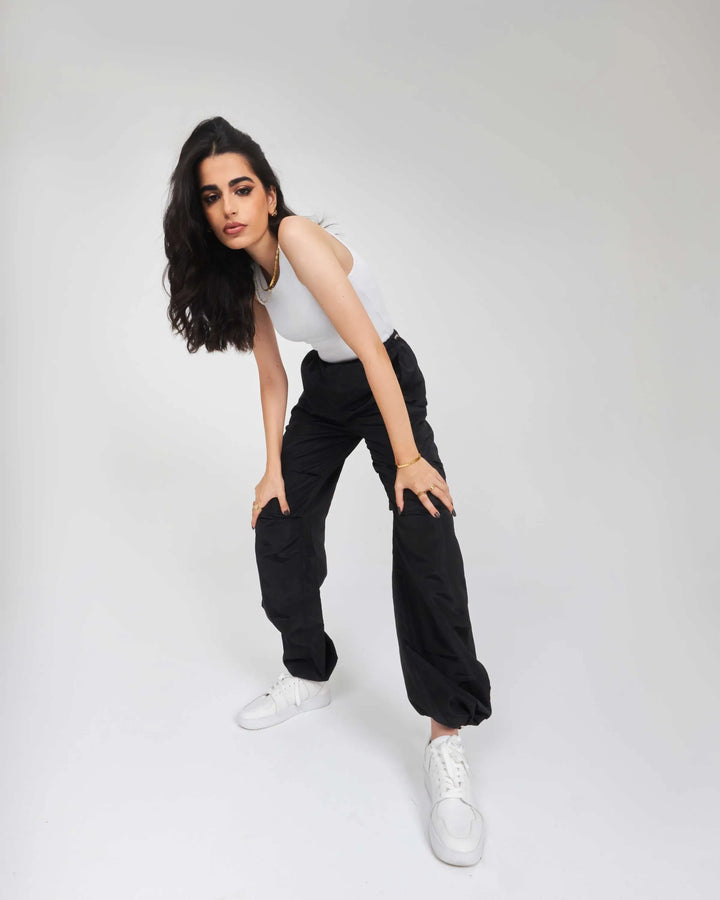 High Waist Black Parachute Trousers