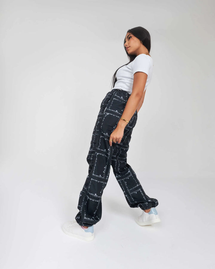 High Waist Black Patterned Parachute Trousers