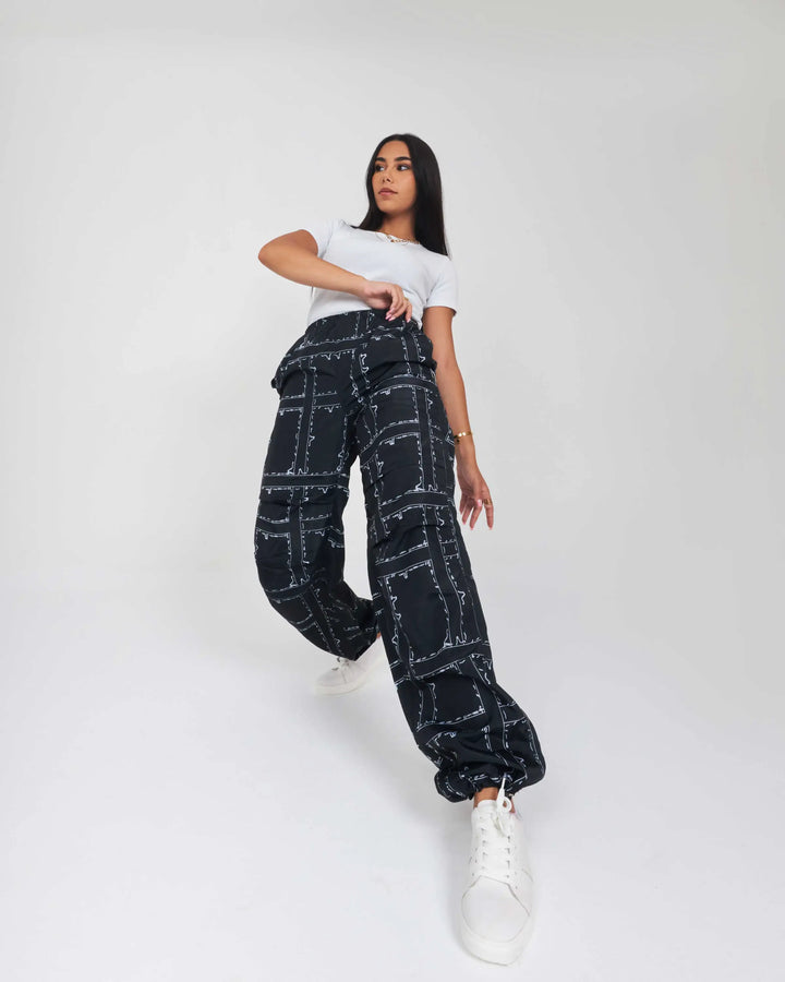 High Waist Black Patterned Parachute Trousers