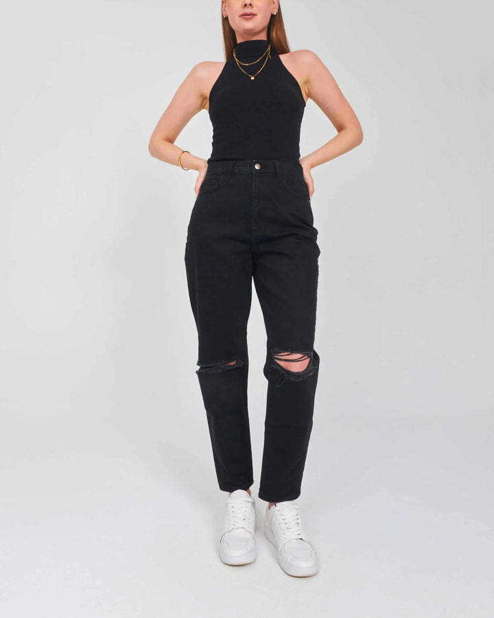 High-Waist Black Ripped Boyfriend Jeans.