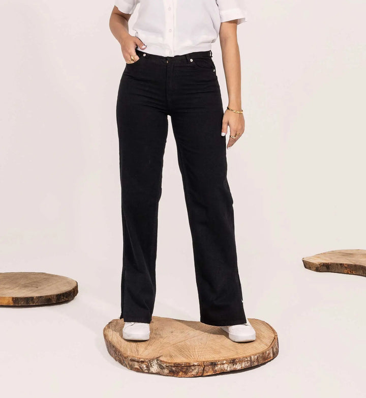 High-Waist Black Side Split Hem Straight Leg Jeans.