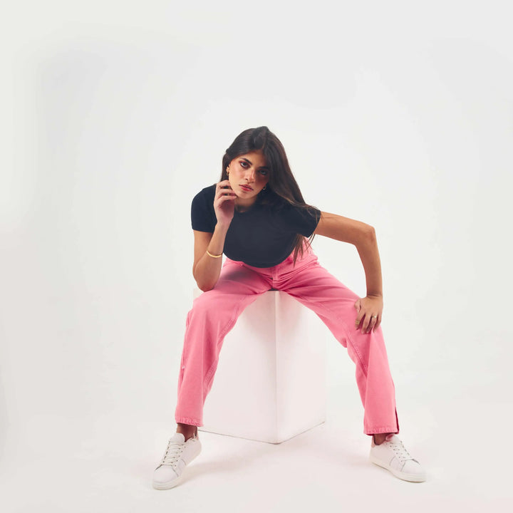 High-Waist Bright pink Cross-Belt Straight Leg Jeans.