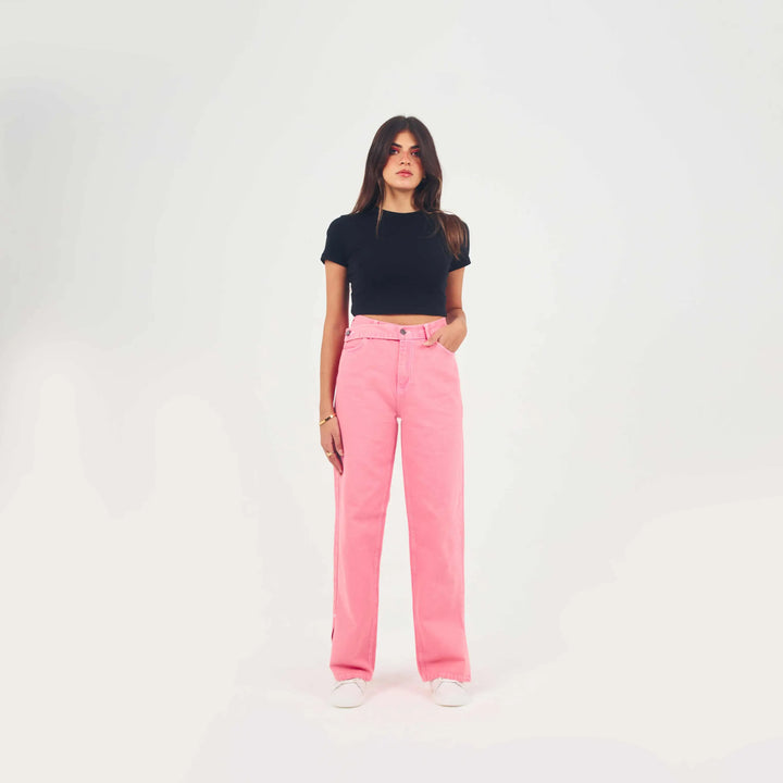 High-Waist Bright pink Cross-Belt Straight Leg Jeans.