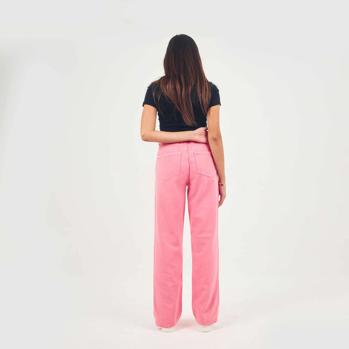 High-Waist Bright pink Cross-Belt Straight Leg Jeans.