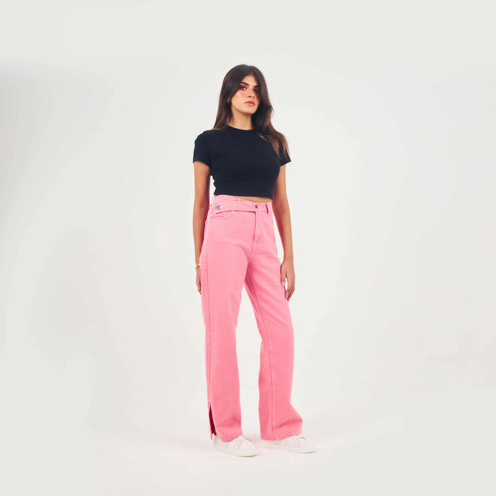 High-Waist Bright pink Cross-Belt Straight Leg Jeans.