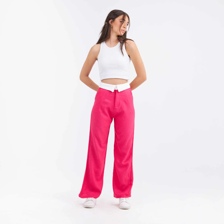 High-Waist Bright Pink Folded Waistband Wide Leg Trousers.