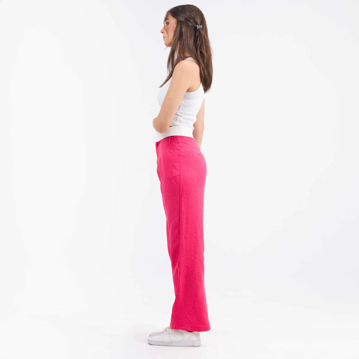 High-Waist Bright Pink Folded Waistband Wide Leg Trousers.