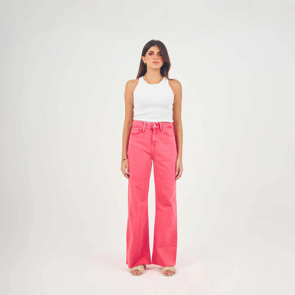 High Waist Bright Pink Side Split Hem Wide Leg Jeans