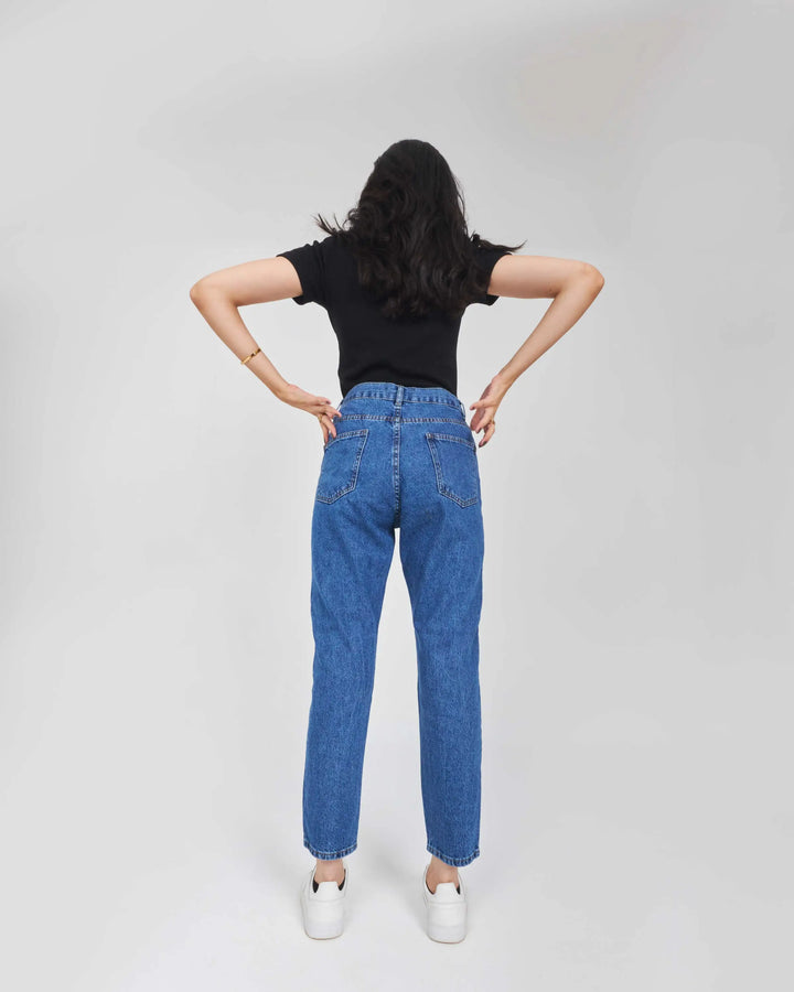 High-Waist Dark Blue Shade Boyfriend Jeans.