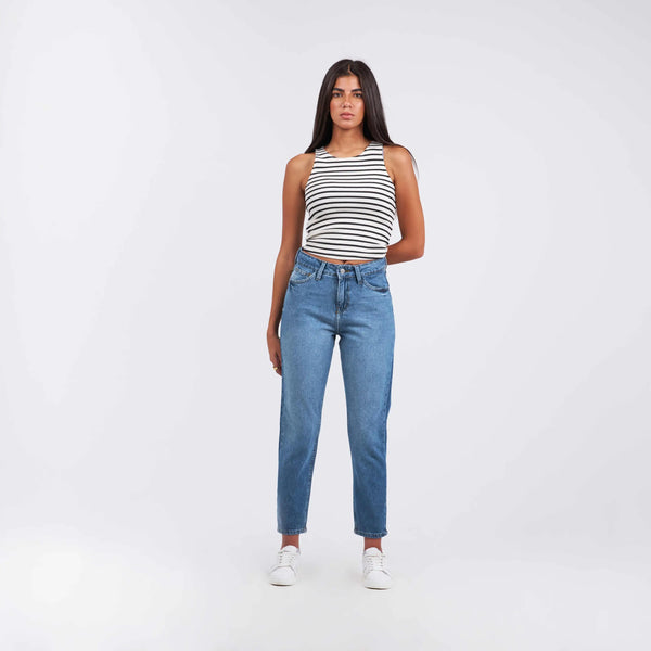 High-Waist Dark Blue Wash Degrade Boyfriend Jeans.