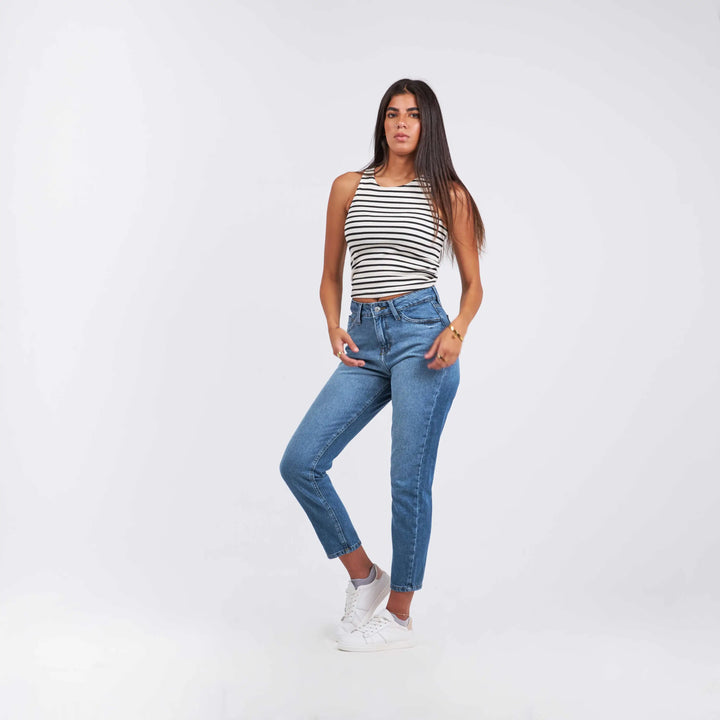 High-Waist Dark Blue Wash Degrade Boyfriend Jeans.
