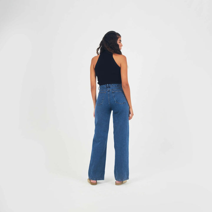 High Waist Dark Blue Washed Wide Leg Jeans
