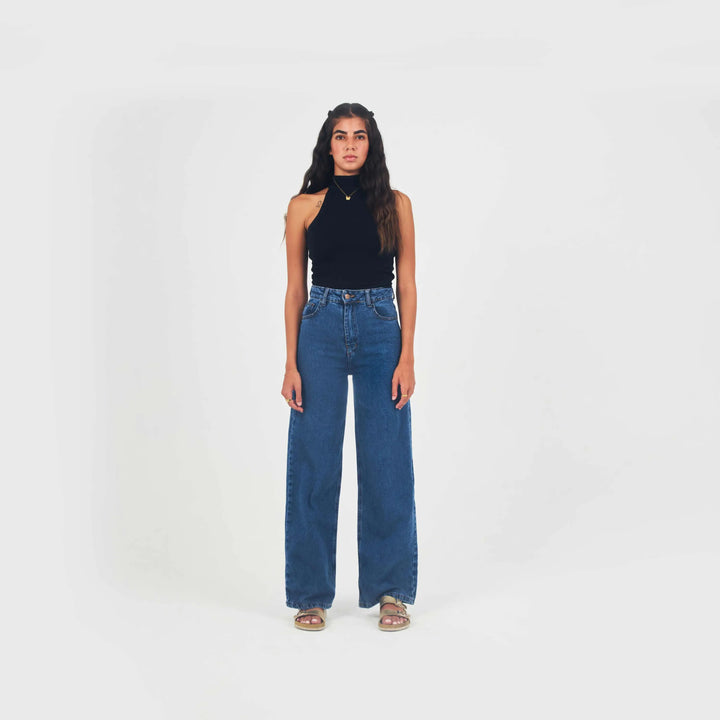 High Waist Dark Blue Washed Wide Leg Jeans