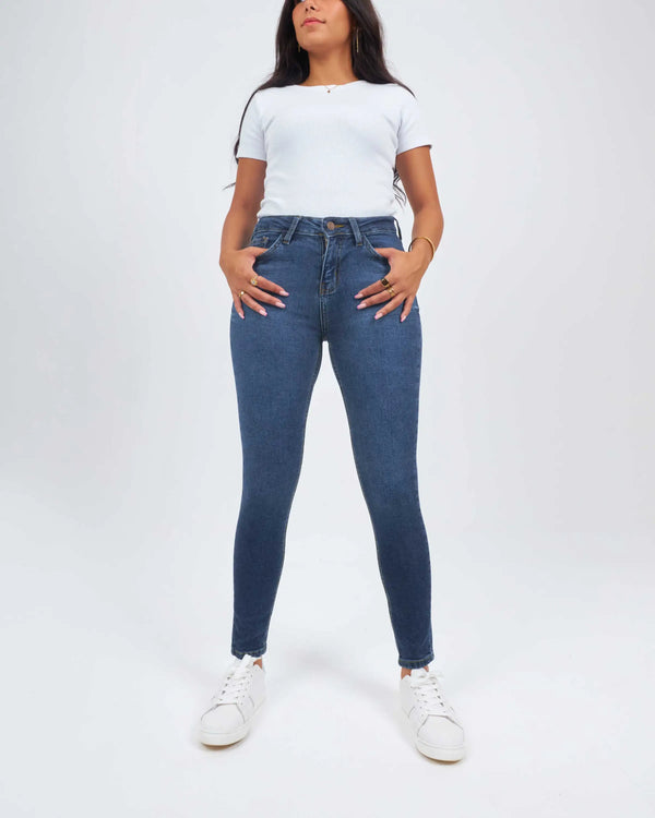 High Waist Dark Denim Blue Shade Skinny Jeans