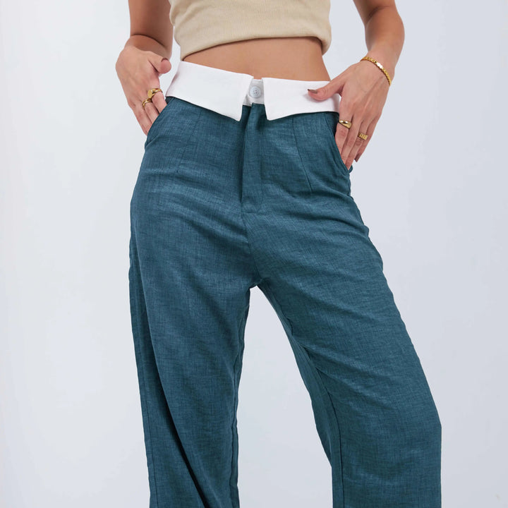 High-Waist Dark Olive Folded Waistband Wide Leg Trousers.