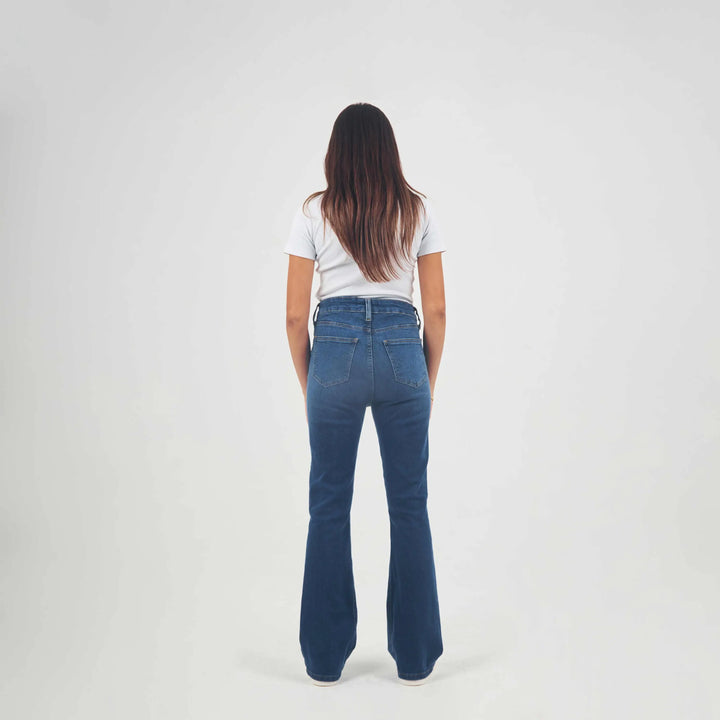 High-Waist Dark Wash Degrade Flared Jeans.