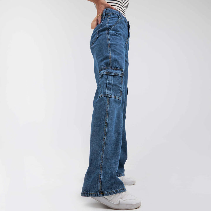 High-Waist Dark Wash Flap Pocket Cargo Jeans.