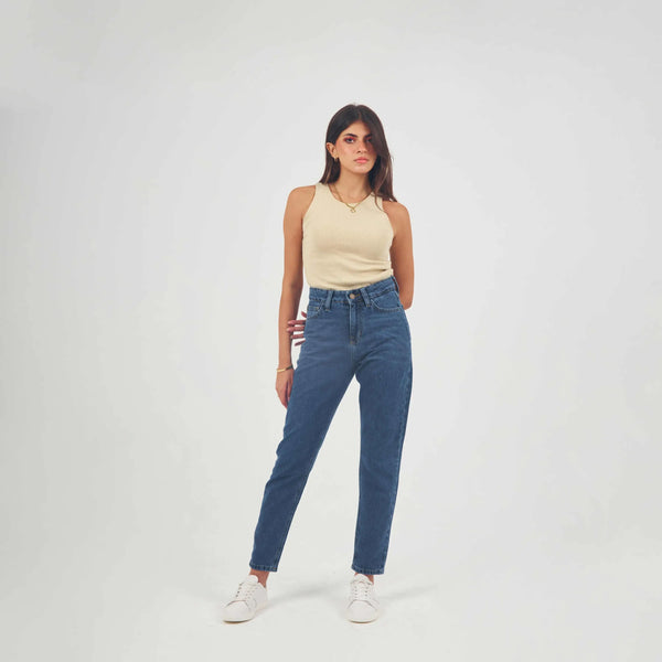 High-Waist Dark Wash Mom-Fit Jeans.