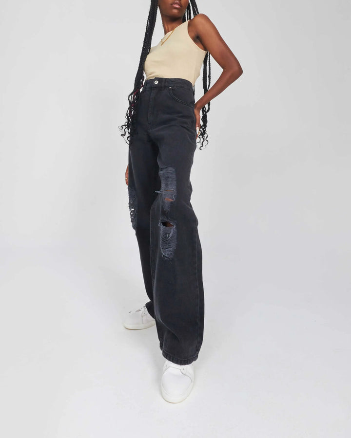 High-Waist Faded Black Distressed Straight Wide Leg Jeans.