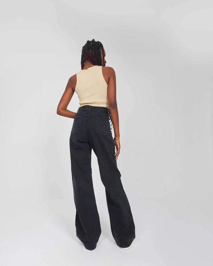 High-Waist Faded Black Distressed Straight Wide Leg Jeans.