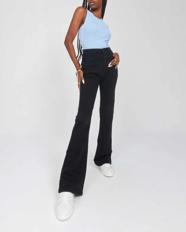 High-Waist Faded Black Flare-Cut Jeans.