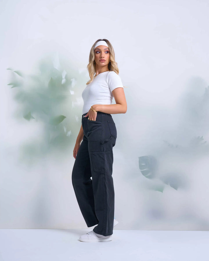 High-Waist Faded Black Straight Wide Leg Cargo Jeans.