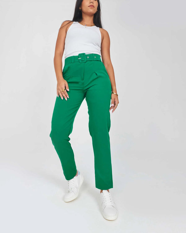 High-Waist Green Belted Slim-Fit Trousers.