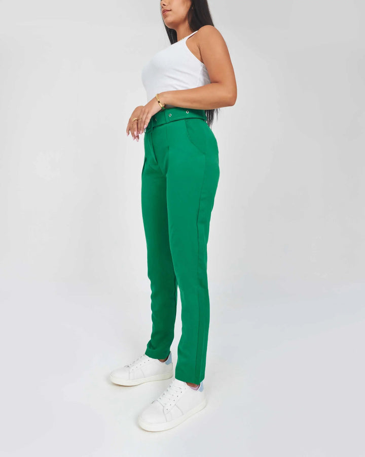 High-Waist Green Belted Slim-Fit Trousers.