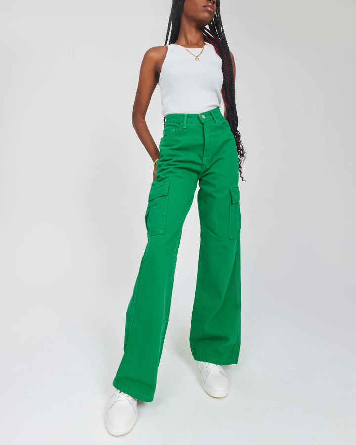 High-Waist Green Flap Pocket Straight Leg Cargo Jeans.