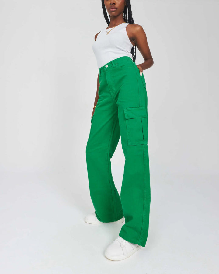 High-Waist Green Flap Pocket Straight Leg Cargo Jeans.