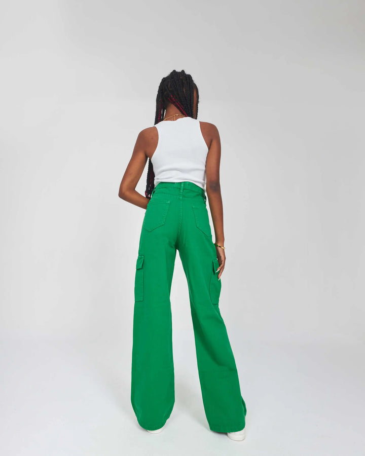 High-Waist Green Flap Pocket Straight Leg Cargo Jeans.