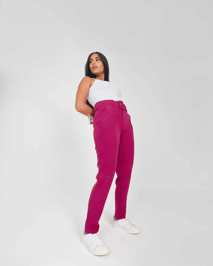 High-Waist Hot Pink Belted Slim-Fit Trousers.