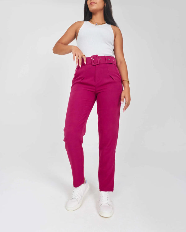 High-Waist Hot Pink Belted Slim-Fit Trousers.