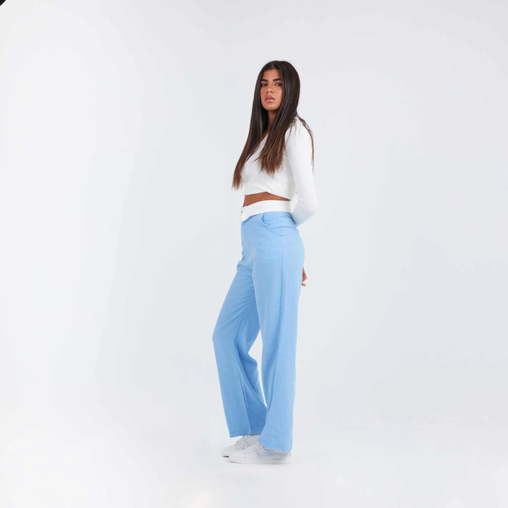 High-Waist Light Blue Folded Waistband Wide Leg Trousers.