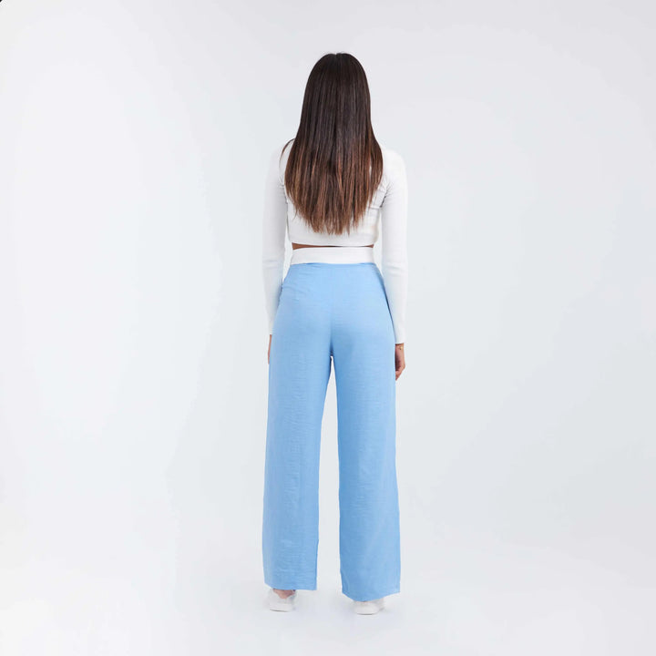 High-Waist Light Blue Folded Waistband Wide Leg Trousers.