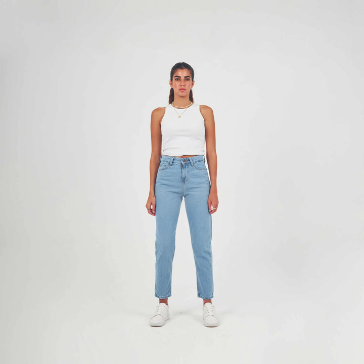 High-Waist Light Blue Wash Mom-Fit Jeans.