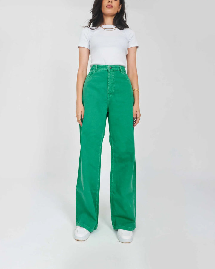 High-Waist Light Green Straight Leg Jeans.