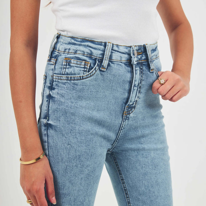 High-Waist Light Stone Wash Boot-Cut Jeans.