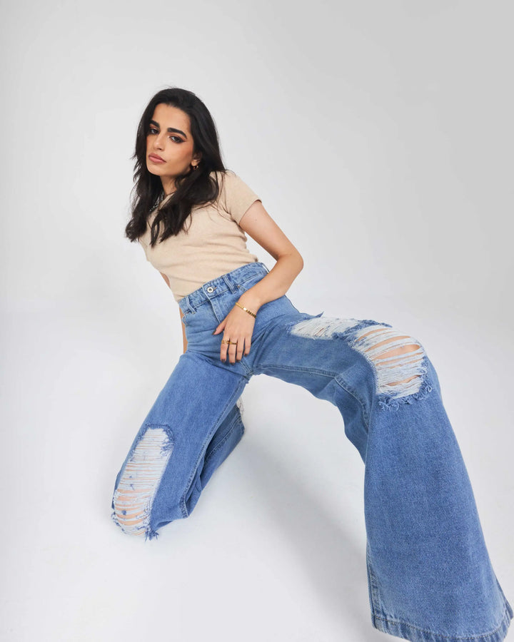 High-Waist Light Wash Distressed Straight Leg Jeans.