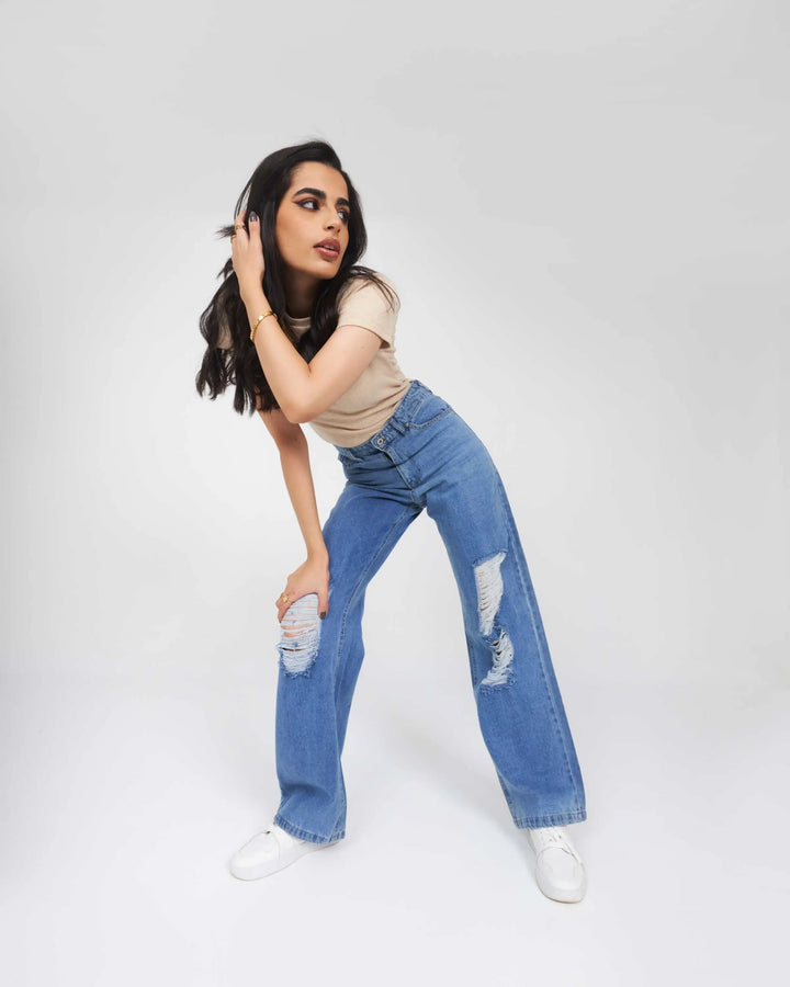 High-Waist Light Wash Distressed Straight Leg Jeans.