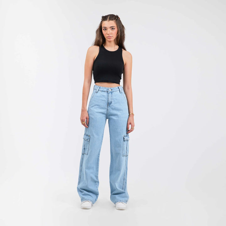High-Waist Light Wash Flap Pocket Cargo Jeans.